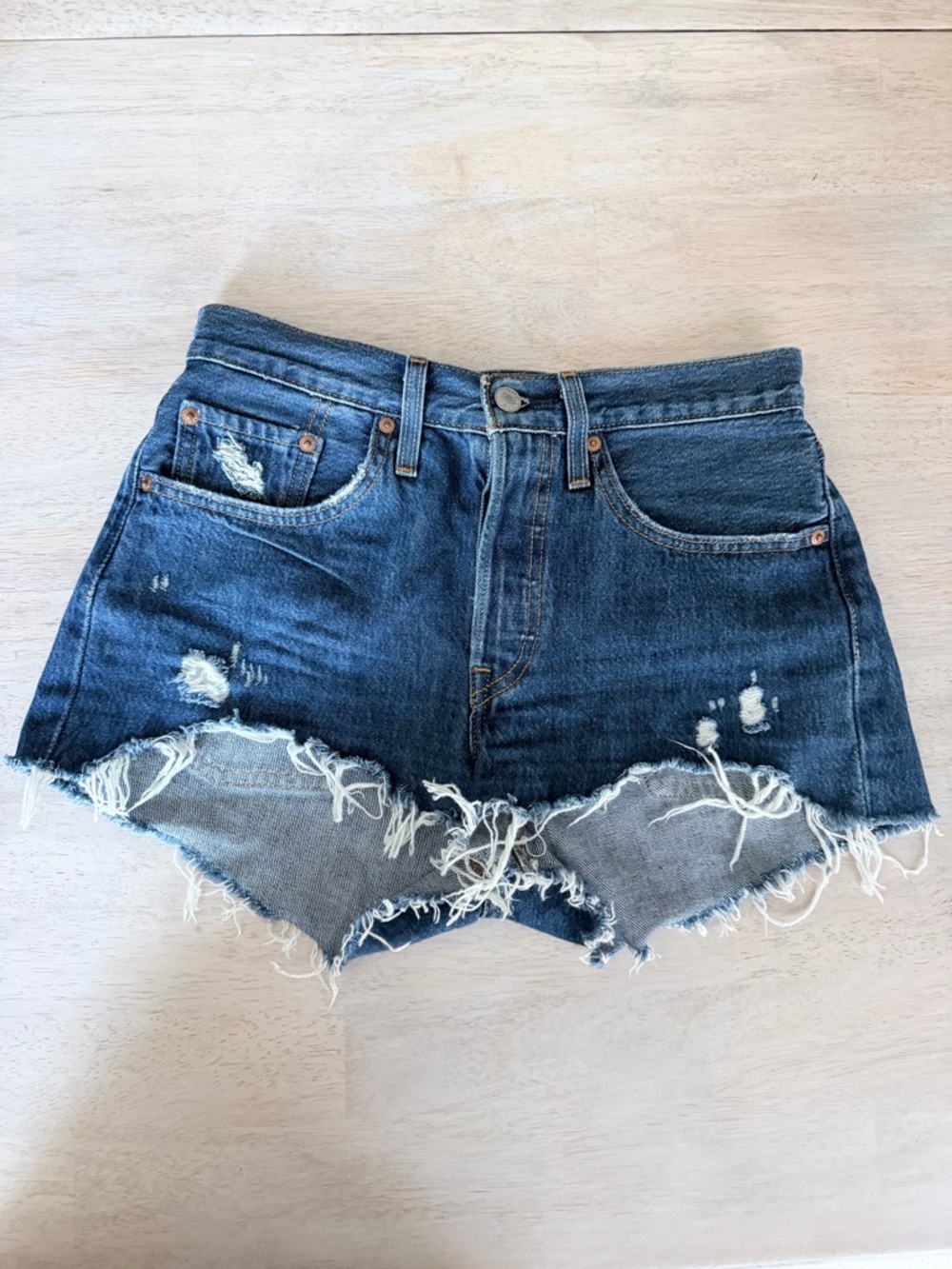 High Waist Distressed Denim Shorts - Dark Blue